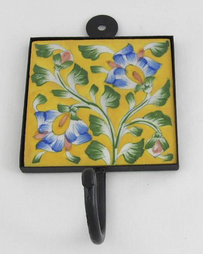 Ceramic Hook - Yellow with Blue Flowers