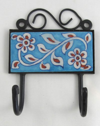 Ceramic Hook - Turquoise with Red Flowers