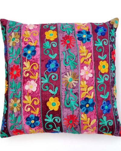 Cushions - Embroidered floral Pink cushion with blue backing
