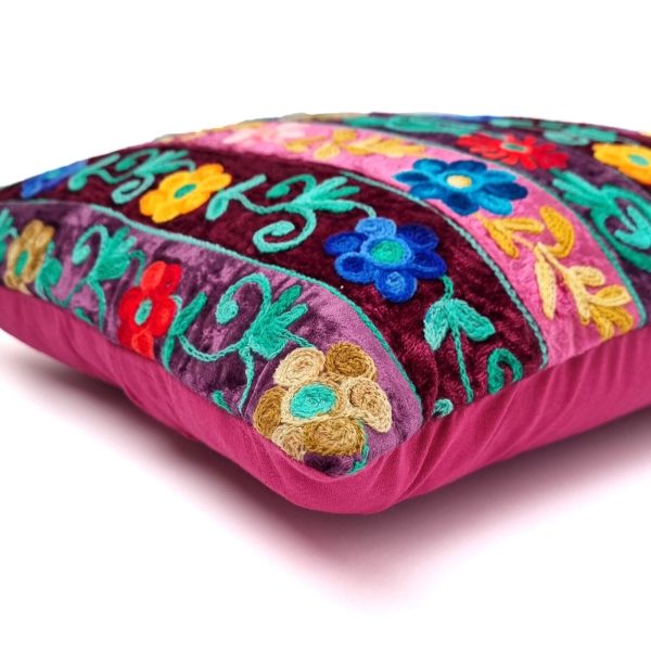Cushions - Embroidered floral Pink cushion with blue backing - Image 2