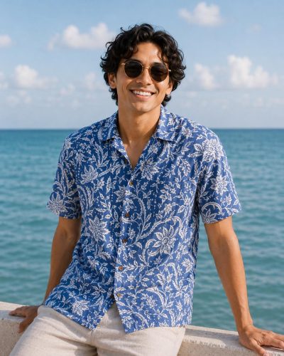 Mens:Unisex short sleeved shirt - Dark Blue Floral