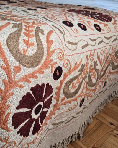 Queen BedSpread Print Gudari with M/Ari Suzani Embd - 230cm x 275cm (Orange)