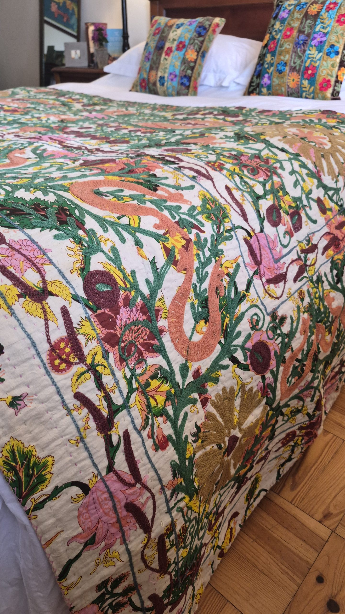 Queen BedSpread Print Gudari with M/Ari Suzani Embd – 230cm x 275cm (Multi Floral)