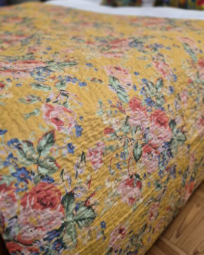 Queen BedSpread Printed Gudari 230cm x 275cm (Yellow floral)