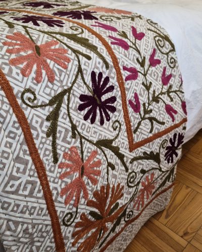 Queen BedSpread Print Gudari with M/Ari Suzani Embd - 230cm x 275cm (Pink Purple floral)