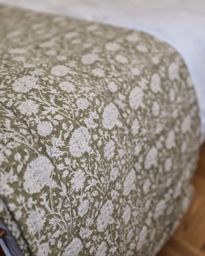 Queen BedSpread Printed Gudari 230cm x 275cm (Green large floral)
