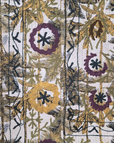 Queen BedSpread Print Gudari with M/Ari Suzani Embd - 230cm x 275cm (Green Yellow leafy)