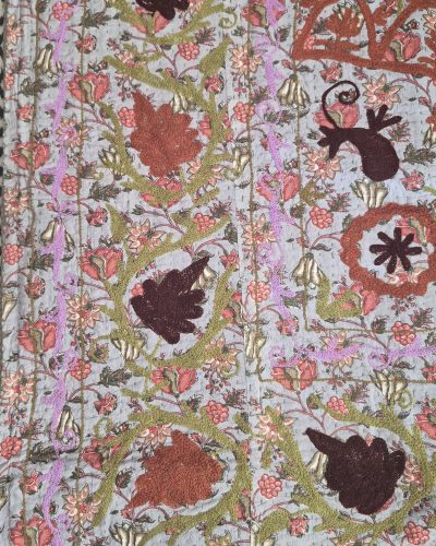 Queen BedSpread Print Gudari with M/Ari Suzani Embd - 230cm x 275cm (Pink Multi floral)